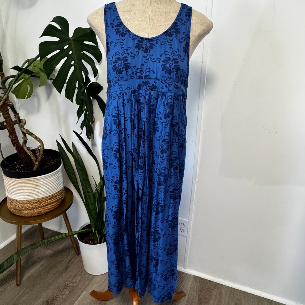 Pudding Shop Floral Maxi Dress Womens 1 Blue Vintage Rayon Boho Empire Waist